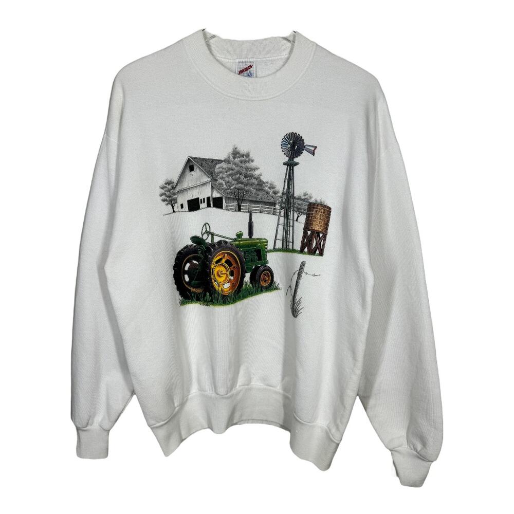 Vintage Farm Green Tractor Crewneck Sweatshirt Large White Jerzees USA Made